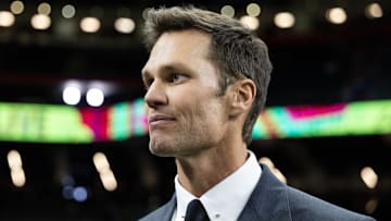 Feb 9, 2025; New Orleans, LA, USA; Fox Sports announcer Tom Brady on the field before Super Bowl LIX between the Philadelphia Eagles and the Kansas City Chiefs at Ceasars Superdome. Mandatory Credit: Mark J. Rebilas-Imagn Images