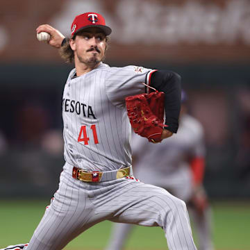 Jul 15, 2025; Cumberland, Georgia, USA; American League pitcher Joe Ryan (41) of the Minnesota Twins pitches in the fourth inning during the 2025 MLB All Star Game at Truist Park. Mandatory Credit: Brett Davis-Imagn Images