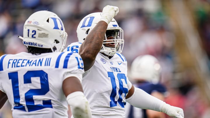 Sep 23, 2023; East Hartford, Connecticut, USA; Duke Blue Devils defensive tackle Aeneas Peebles (16) reacts after sacking UConn Huskies quarterback Ta'Quan Roberson (6) (not pictured) in the second quarter at Rentschler Field at Pratt & Whitney Stadium. Mandatory Credit: David Butler II-USA TODAY Sports