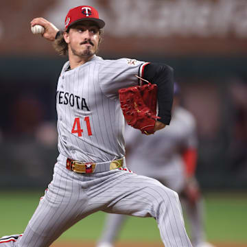 Jul 15, 2025; Cumberland, Georgia, USA; American League pitcher Joe Ryan (41) of the Minnesota Twins pitches in the fourth inning during the 2025 MLB All Star Game at Truist Park. Mandatory Credit: Brett Davis-Imagn Images