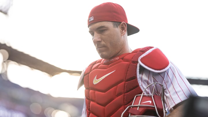 May 21, 2024; Philadelphia, Pennsylvania, USA; Philadelphia Phillies catcher J.T. Realmuto in a game against the Texas Rangers at Citizens Bank Park.