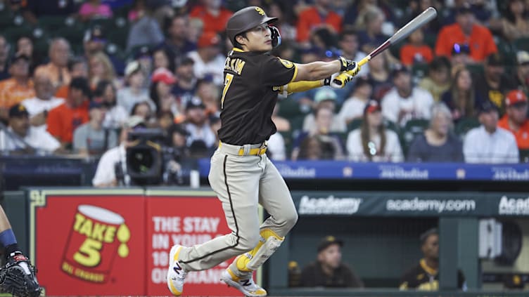 Sep 10, 2023; Houston, Texas, USA; San Diego Padres second baseman Ha-Seong Kim (7) bats during the