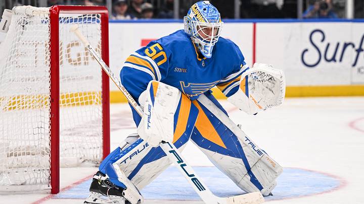 Apr 14, 2026; St. Louis, Missouri, USA; St. Louis Blues goaltender Jordan Binnington (50) defends the net during the third period against the Pittsburgh Penguins at Enterprise Center. Mandatory Credit: Connor Hamilton-Imagn Images