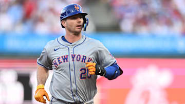 Oct 6, 2024; Philadelphia, Pennsylvania, USA; New York Mets first base Pete Alonso (20) runs the bases after hitting run in the sixth inning against the Philadelphia Phillies during game two of the NLDS for the 2024 MLB Playoffs at Citizens Bank Park.
