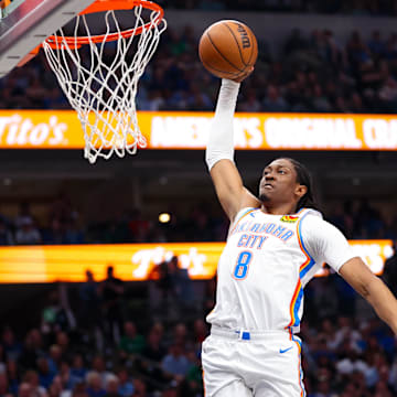 May 18, 2024; Dallas, Texas, USA;  Oklahoma City Thunder forward Jalen Williams (8) dunks during the second quarter against the Dallas Mavericks in game six of the second round of the 2024 NBA playoffs at American Airlines Center. Mandatory Credit: Kevin Jairaj-Imagn Images