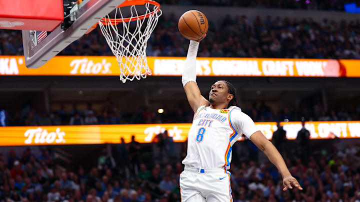 May 18, 2024; Dallas, Texas, USA;  Oklahoma City Thunder forward Jalen Williams (8) dunks during the second quarter against the Dallas Mavericks in game six of the second round of the 2024 NBA playoffs at American Airlines Center. Mandatory Credit: Kevin Jairaj-Imagn Images