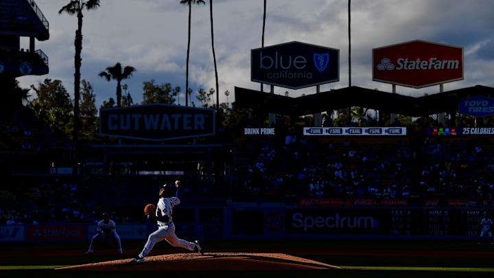 Mar 31, 2024; Los Angeles, California, USA; Los Angeles Dodgers starting pitcher Gavin Stone (71) throws against the St. Louis Cardinals during the sixth inning at Dodger Stadium. Mandatory Credit: Gary A. Vasquez-Imagn Images