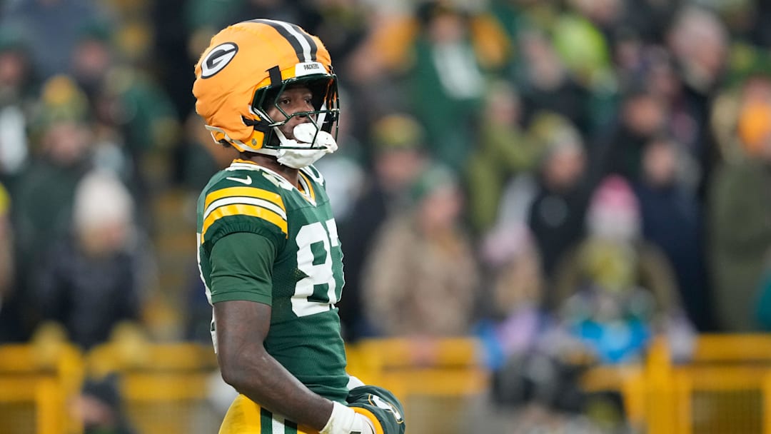 Dec 27, 2025; Green Bay, Wisconsin, USA; Green Bay Packers wide receiver Romeo Doubs (87) looks on during the third quarter against the Baltimore Ravens at Lambeau Field. Mandatory Credit: Kayla Wolf-Imagn Images