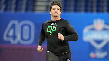Mar 2, 2025; Indianapolis, IN, USA; LSU offensive lineman Will Campbell (OL05) during the 2025 NFL Scouting Combine at Lucas Oil Stadium. Mandatory Credit: Kirby Lee-Imagn Images