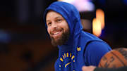 Apr 15, 2025; San Francisco, California, USA; Golden State Warriors guard Stephen Curry (30) smiles before the start of the game against the Memphis Grizzlies at the Chase Center.