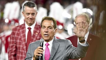 Sep 7, 2024; Tuscaloosa, Alabama, USA;  Nick Saban and family are honored a half time with the renaming of the playing surface as Nick Saban Filed at Bryant-Denny Stadium. Nick Saban expresses his feelings about the honor during remarks made at halftime of the game with South Florida. Mandatory Credit: Gary Cosby Jr.-USA TODAY Network via Imagn Images