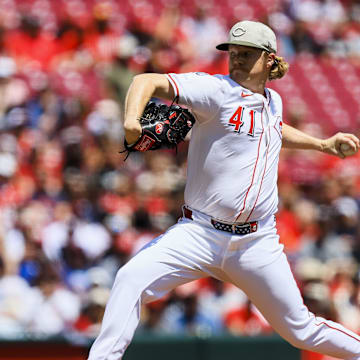 May 18, 2025; Cincinnati, Ohio, USA; Cincinnati Reds starting pitcher Andrew Abbott (41) pitches against the Cleveland Guardians in the first inning at Great American Ball Park. Mandatory Credit: Katie Stratman-Imagn Images