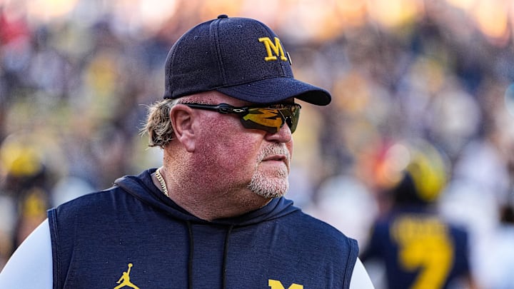 Michigan defensive coordinator Wink Martindale watches warm up ahead of the New Mexico game at Michigan Stadium in Ann Arbor on Saturday, August 30, 2025.