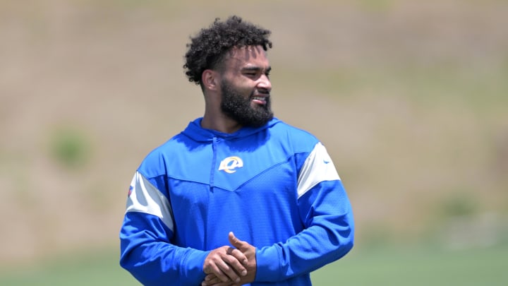 May 28, 2024; Thousand Oaks, CA, USA;   Los Angeles Rams running back Kyren Williams (23) looks on during OTAs at California Lutheran University. Mandatory Credit: Jayne Kamin-Oncea-USA TODAY Sports