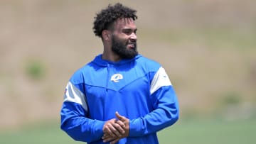 May 28, 2024; Thousand Oaks, CA, USA;   Los Angeles Rams running back Kyren Williams (23) looks on during OTAs at California Lutheran University. Mandatory Credit: Jayne Kamin-Oncea-USA TODAY Sports