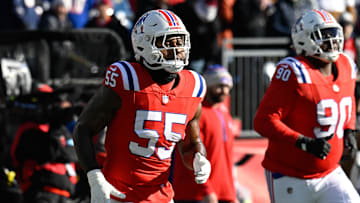 Dec 1, 2024; Foxborough, Massachusetts, USA; New England Patriots linebacker Yannick Ngakoue (55) warms up before a game against the Indianapolis Colts at Gillette Stadium. Mandatory Credit: Eric Canha-Imagn Images
