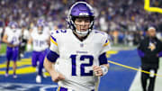 Jan 13, 2025; Glendale, AZ, USA; Minnesota Vikings quarterback Nick Mullens (12) against the Los Angeles Rams during an NFC wild card game at State Farm Stadium.