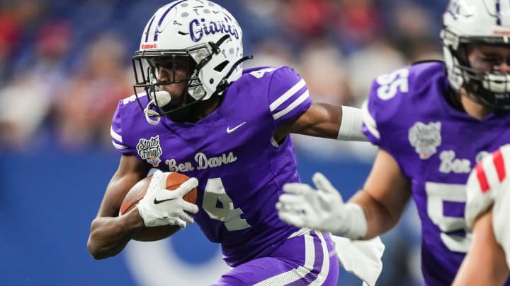 Ben Davis' Mark Zackery rushes during the IHSAA 6A football state championship game at Lucas Oil Stadium in Indianapolis.