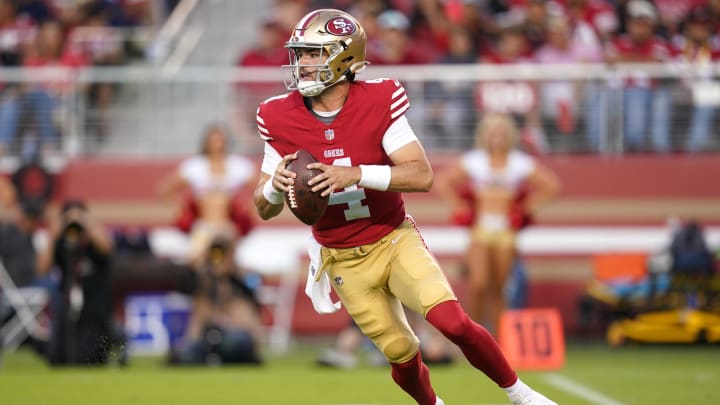 Aug 18, 2024; Santa Clara, California, USA; San Francisco 49ers quarterback Tanner Mordecai (4) looks to throw a pass against the New Orleans Saints in the fourth quarter at Levi's Stadium. Mandatory Credit: Cary Edmondson-USA TODAY Sports