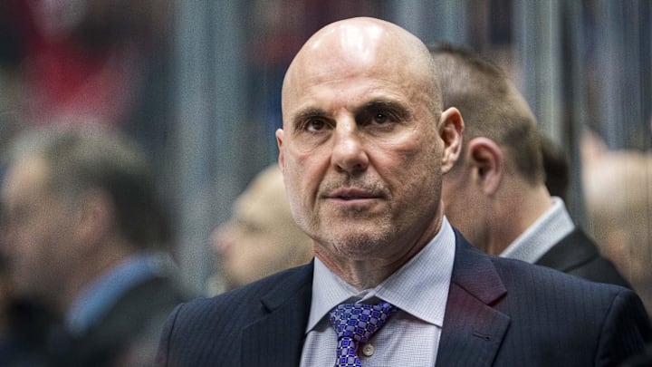 Jan 25, 2025; Vancouver, British Columbia, CAN; Vancouver Canucks head coach Rick Tocchet looks on from the bench against the Washington Capitals in the second period at Rogers Arena. Mandatory Credit: Bob Frid-Imagn Images