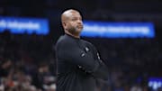 Apr 2, 2025; Oklahoma City, Oklahoma, USA; Detroit Pistons head coach J.B. Bickerstaff watches his team play against the Oklahoma City Thunder during the first quarter at Paycom Center. Mandatory Credit: Alonzo Adams-Imagn Images