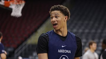 Mar 26, 2025; Newark, NJ, USA; Arizona Wildcats forward Carter Bryant (9) reacts during a practice session in preparation for an East Regional semifinal game against the Duke Blue Devils at Prudential Center. Mandatory Credit: Vincent Carchietta-Imagn Images