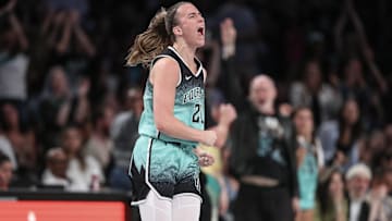 Jul 22, 2025; Brooklyn, New York, USA;  New York Liberty guard Sabrina Ionescu (20) celebrates after scoring in the fourth quarter against the Indiana Fever at Barclays Center. Mandatory Credit: Wendell Cruz-Imagn Images
