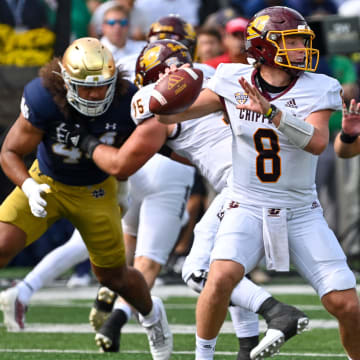 Sep 16, 2023; South Bend, Indiana, USA; Central Michigan Chippewas quarterback Jase Bauer (8) throws in the second quarter against the Notre Dame Fighting Irish at Notre Dame Stadium. Mandatory Credit: Matt Cashore-USA TODAY Sports