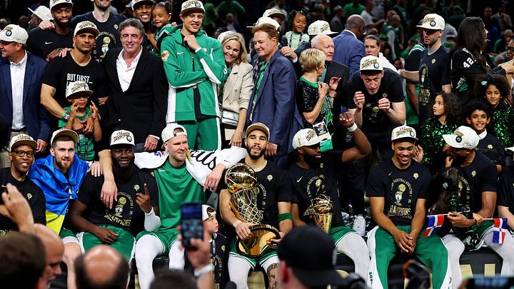 Jun 17, 2024; Boston, Massachusetts, USA; The Boston Celtics celebrates after beating the Dallas Mavericks in game five of the 2024 NBA Finals to the NBA Championship at TD Garden. Mandatory Credit: Peter Casey-USA TODAY Sports
