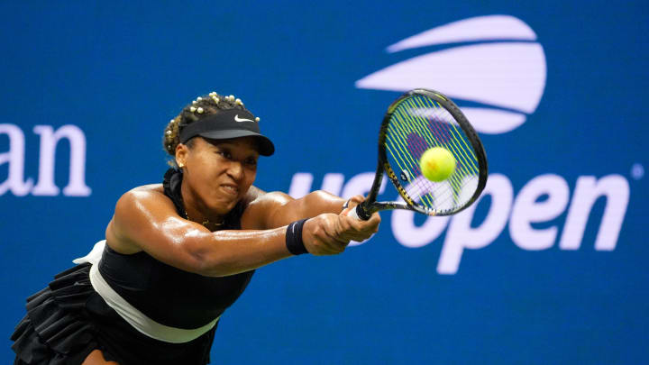 Aug 29, 2024; Flushing, NY, USA;  Naomi Osaka (JPN) hits to Karolina Muchova (CZE) on day four of the 2024 U.S. Open tennis tournament at USTA Billie Jean King National Tennis Center. Mandatory Credit: Robert Deutsch-USA TODAY Sports