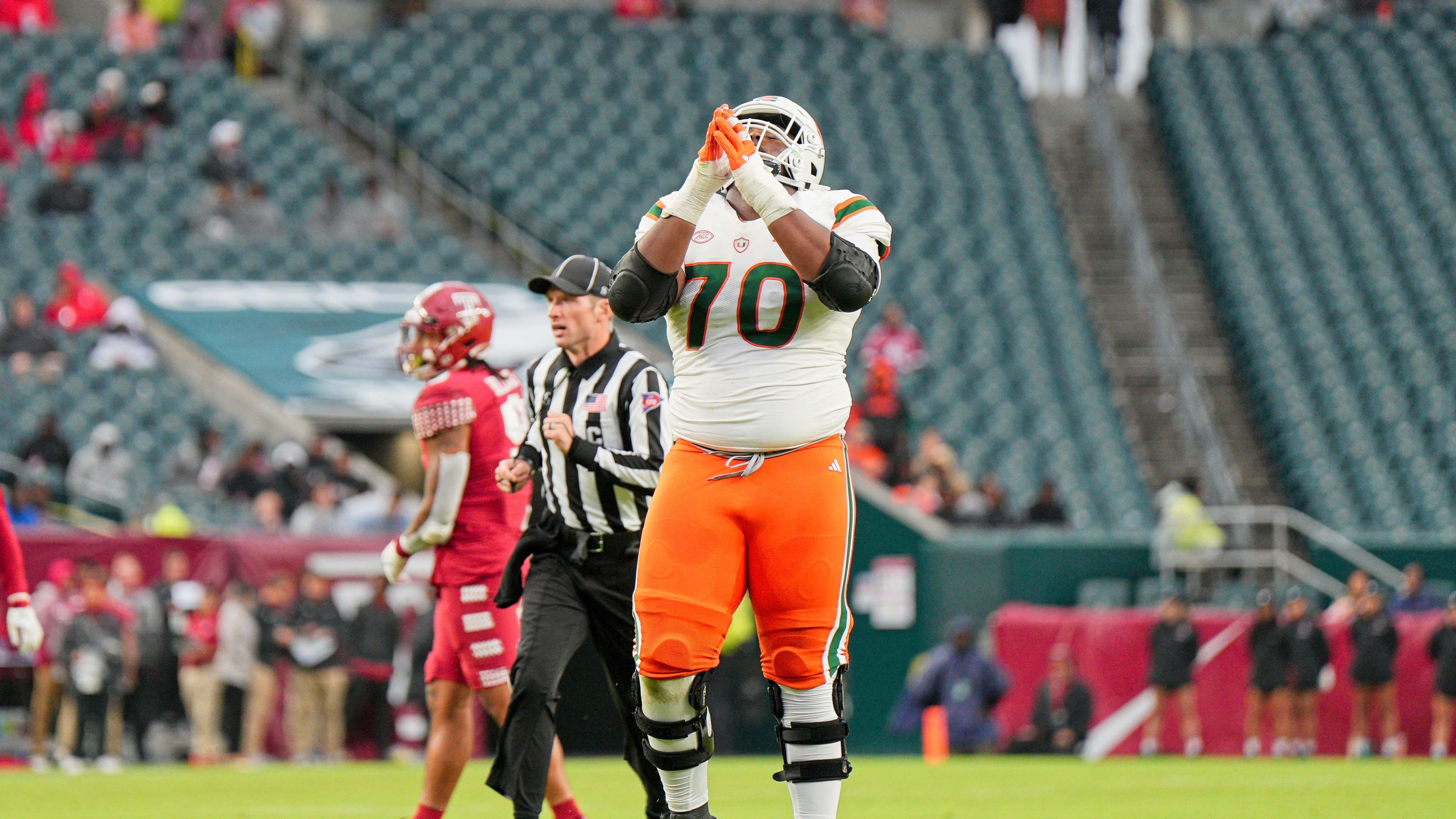 Miami Hurricanes offensive lineman Javion Cohen (70).