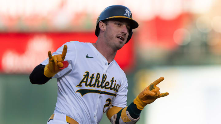 Jul 23, 2024; Oakland, California, USA;  Oakland Athletics outfielder Brent Rooker (25) reacts to the dugout after hitting a two-run home run during the first inning against the Houston Astros at Oakland-Alameda County Coliseum. Mandatory Credit: Stan Szeto-USA TODAY Sports