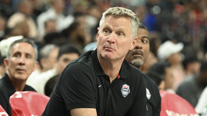 Jul 10, 2024; Las Vegas, Nevada, USA; USA head coach Steve Kerr speaks to a player on the bench in the fourth quarter against Canada in the USA Basketball Showcase at T-Mobile Arena. Mandatory Credit: Candice Ward-USA TODAY Sports