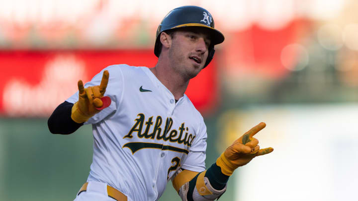 Jul 23, 2024; Oakland, California, USA;  Oakland Athletics outfielder Brent Rooker (25) reacts to the dugout after hitting a two-run home run during the first inning against the Houston Astros at Oakland-Alameda County Coliseum. Mandatory Credit: Stan Szeto-USA TODAY Sports