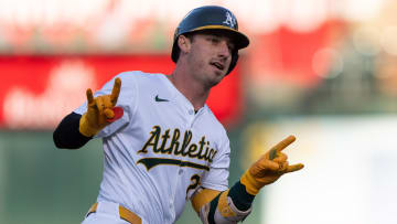 Jul 23, 2024; Oakland, California, USA;  Oakland Athletics outfielder Brent Rooker (25) reacts to the dugout after hitting a two-run home run during the first inning against the Houston Astros at Oakland-Alameda County Coliseum. Mandatory Credit: Stan Szeto-USA TODAY Sports