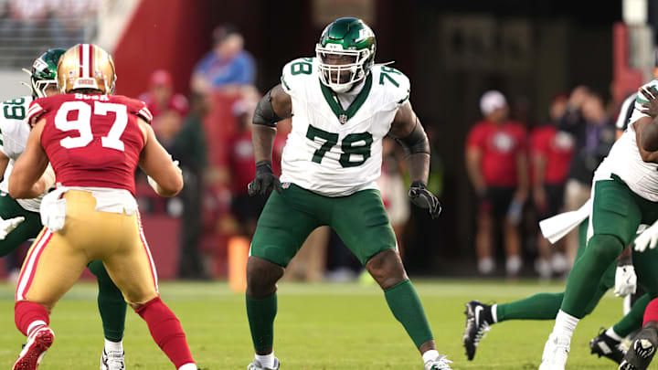 Sep 9, 2024; Santa Clara, California, USA; New York Jets offensive tackle Morgan Moses (78) during the third quarter against the San Francisco 49ers at Levi's Stadium. Mandatory Credit: Darren Yamashita-Imagn Images Sep 9, 2024; Santa Clara, California, USA; New York Jets offensive tackle Morgan Moses (78) during the third quarter against the San Francisco 49ers at Levi's Stadium. Mandatory Credit: Darren Yamashita-Imagn Images