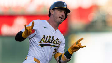 Jul 23, 2024; Oakland, California, USA;  Oakland Athletics outfielder Brent Rooker (25) reacts to the dugout after hitting a two-run home run during the first inning against the Houston Astros at Oakland-Alameda County Coliseum. Mandatory Credit: Stan Szeto-USA TODAY Sports