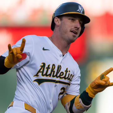 Jul 23, 2024; Oakland, California, USA;  Oakland Athletics outfielder Brent Rooker (25) reacts to the dugout after hitting a two-run home run during the first inning against the Houston Astros at Oakland-Alameda County Coliseum. Mandatory Credit: Stan Szeto-USA TODAY Sports
