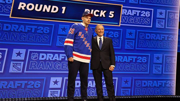 Jun 26, 2026; Buffalo, New York, USA; Alberts Smits reacts beside NHL commissioner Gary Bettman after being selected with the fifth pick in the first round of the 2026 NHL Draft by the New York Rangers at KeyBank Center. Mandatory Credit: Timothy T. Ludwig-Imagn Images Jun 26, 2026; Buffalo, New York, USA; Alberts Smits reacts beside NHL commissioner Gary Bettman after being selected with the fifth pick in the first round of the 2026 NHL Draft by the New York Rangers at KeyBank Center. Mandatory Credit: Timothy T. Ludwig-Imagn Images