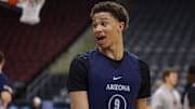 Mar 26, 2025; Newark, NJ, USA; Arizona Wildcats forward Carter Bryant (9) reacts during a practice session in preparation for an East Regional semifinal game against the Duke Blue Devils at Prudential Center. Mandatory Credit: Vincent Carchietta-Imagn Images