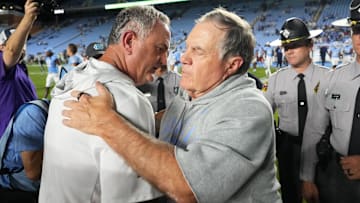 Sep 1, 2025; Chapel Hill, North Carolina, USA; North Carolina Tar Heels head coach Bill Belichick with TCU Horned Frogs head coach Sonny Dykes after the game at Kenan Stadium. Mandatory Credit: Bob Donnan-Imagn Images