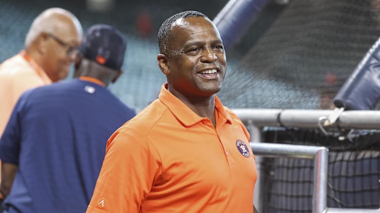 Jul 25, 2023; Houston, Texas, USA; Houston Astros general manager Dana Brown on the field before the game against the Texas Rangers at Minute Maid Park. Mandatory Credit: Troy Taormina-USA TODAY Sports