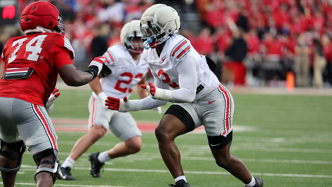 Apr 18, 2026; Columbus, OH, USA;  Ohio State defensive end Kenyatta Jackson Jr. (2) rushes the passer during the annual spring game at Ohio Stadium. Mandatory Credit: Joseph Maiorana-Imagn Images