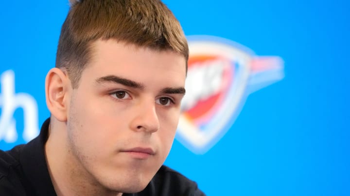 Nikola Topic speaks during an introductory press conference for the 2024 Thunder draft picks at Oklahoma Contemporary Arts Center in Oklahoma City, Saturday, June, 29, 2024.