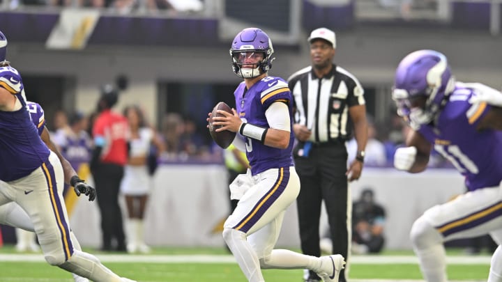 Aug 10, 2024; Minneapolis, Minnesota, USA; Minnesota Vikings quarterback J.J. McCarthy (9) looks to pass during the second quarter against the Las Vegas Raiders at U.S. Bank Stadium. Mandatory Credit: Jeffrey Becker-USA TODAY Sports