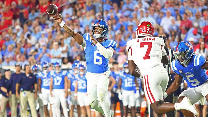 Sep 13, 2025; Oxford, Mississippi, USA; Mississippi Rebels quarterback Trinidad Chambliss (6) passes the ball during the fourth quarter against the Arkansas Razorback at Vaught-Hemingway Stadium. Mandatory Credit: Petre Thomas-Imagn Images