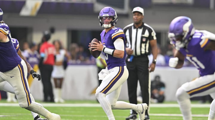 Aug 10, 2024; Minneapolis, Minnesota, USA; Minnesota Vikings quarterback J.J. McCarthy (9) looks to pass during the second quarter against the Las Vegas Raiders at U.S. Bank Stadium. Mandatory Credit: Jeffrey Becker-USA TODAY Sports