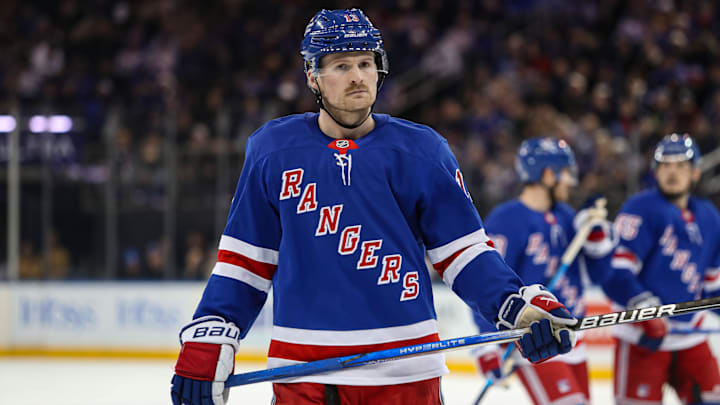 Feb 2, 2025; New York, New York, USA; New York Rangers left wing Alexis Lafreniere (13) skates against the Vegas Golden Knights during the second period at Madison Square Garden. Mandatory Credit: Danny Wild-Imagn Images