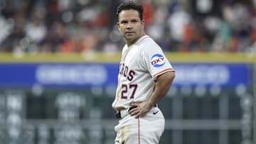 Sep 20, 2025; Houston, Texas, USA; Houston Astros second baseman Jose Altuve (27) reacts after the sixth inning against the Seattle Mariners at Daikin Park. 
