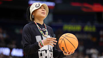 Apr 5, 2025; Tampa, FL, USA; South Carolina Gamecocks  head coach Dawn Staley looks on during practice before the NCAA Woman’s Basketball final at Amalie Arena. Mandatory Credit: Nathan Ray Seebeck-Imagn Images